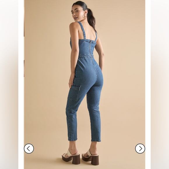 francescas kirsten blue denim tie front straight leg square neck jumpsuit small - Picture 2 of 8